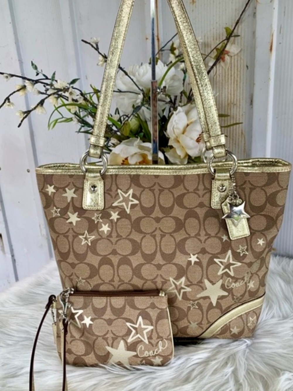 Coach Tan and Gold Star-Patterned Tote Bag with Matching Wristlet